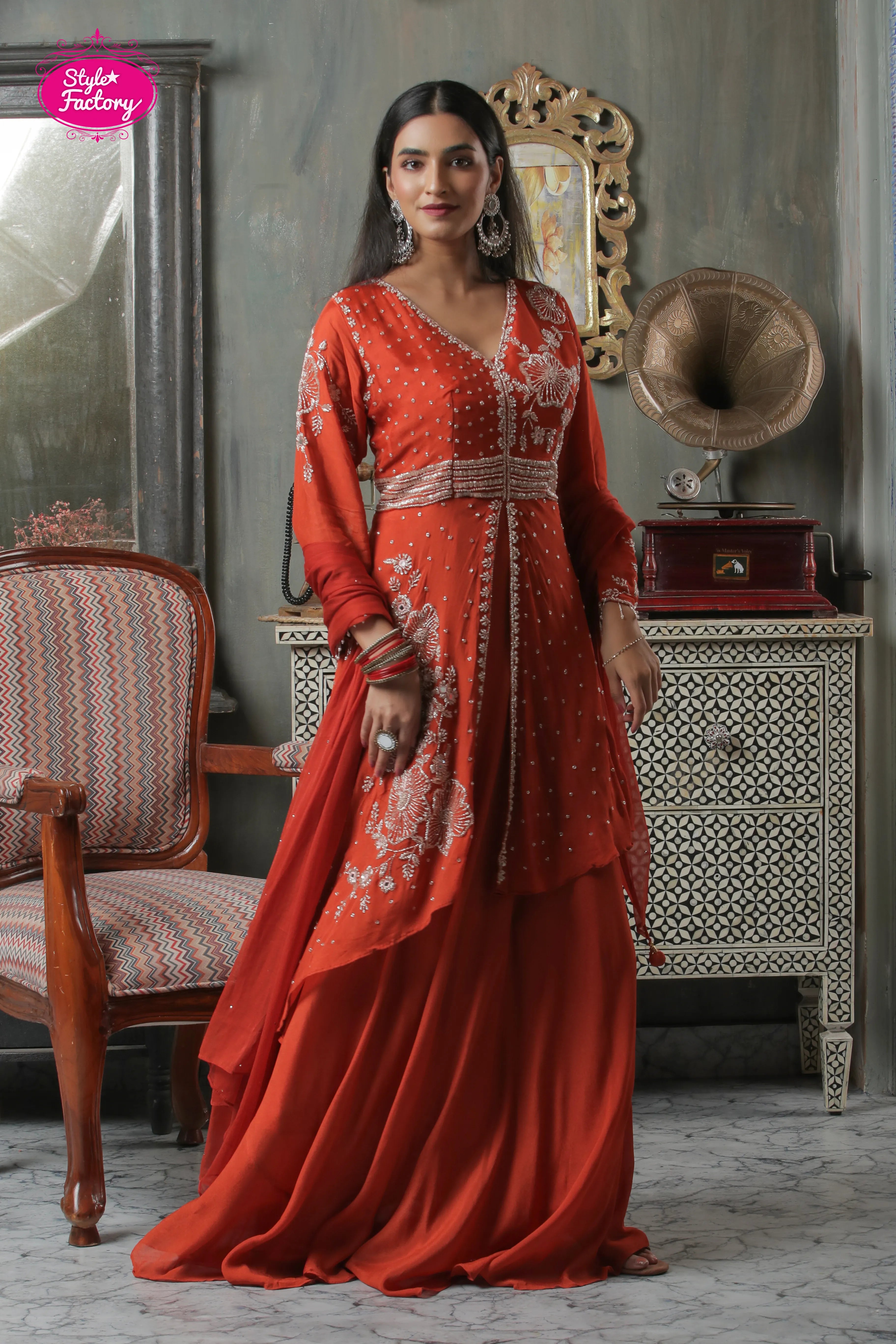 Center Slit Indo-Western Gown with Dupatta